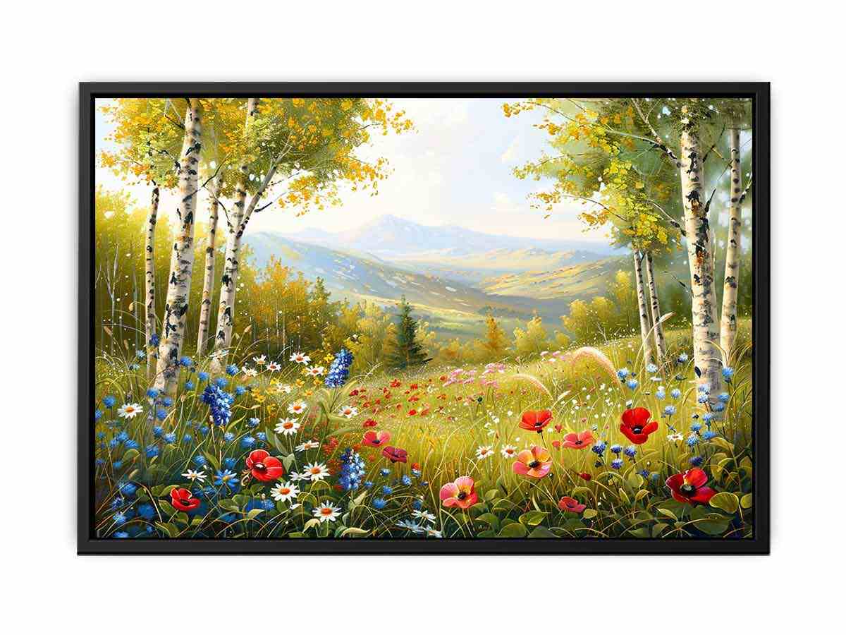 Wildflower meadow canvas art for bright cottage living room decor.