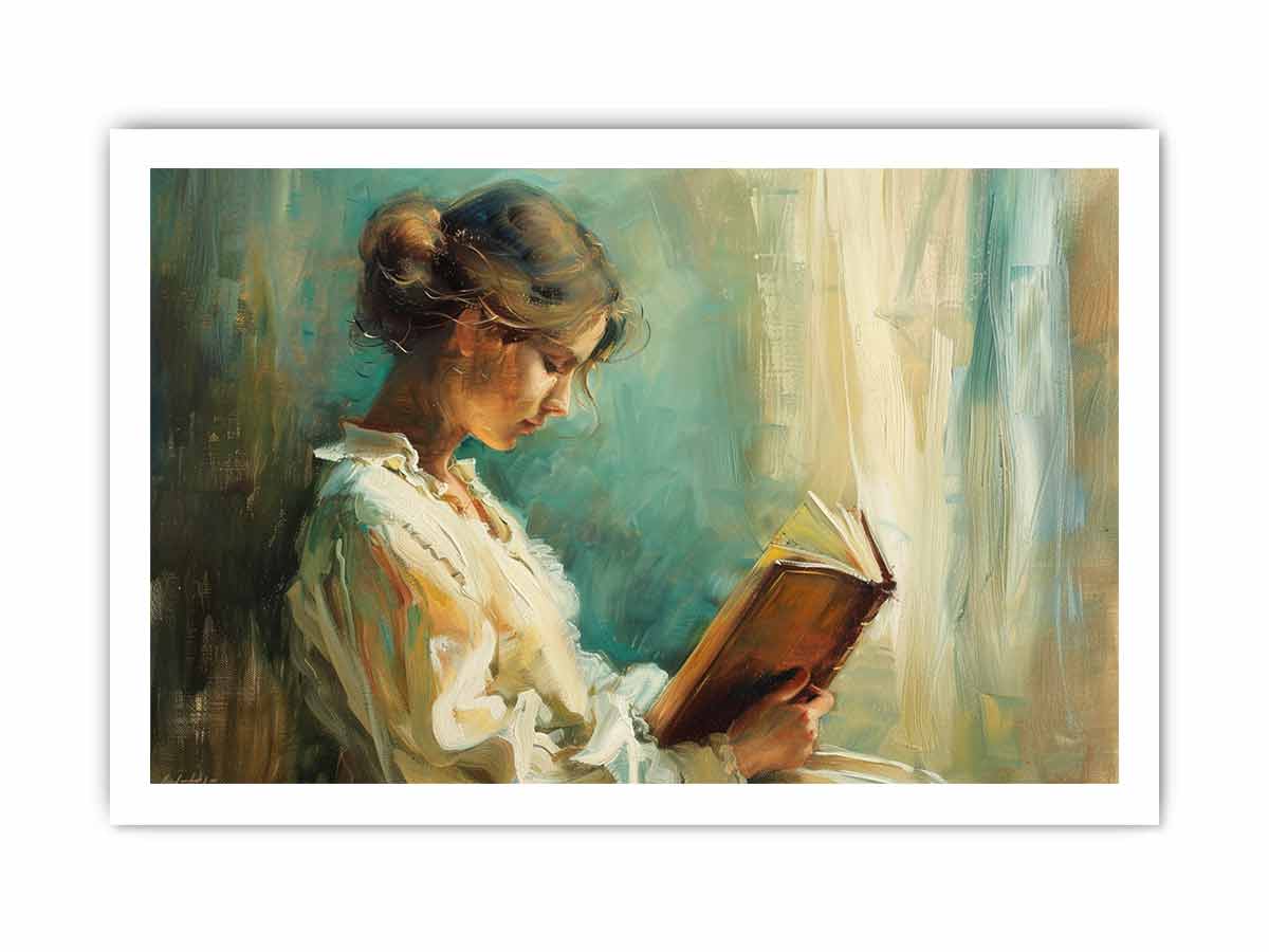 Woman reading canvas art for elegant bedroom or reading nook decor.