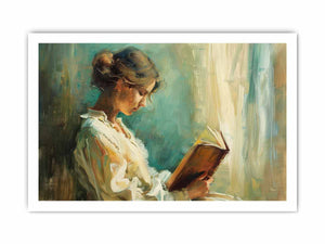 Woman reading canvas art for elegant bedroom or reading nook decor.