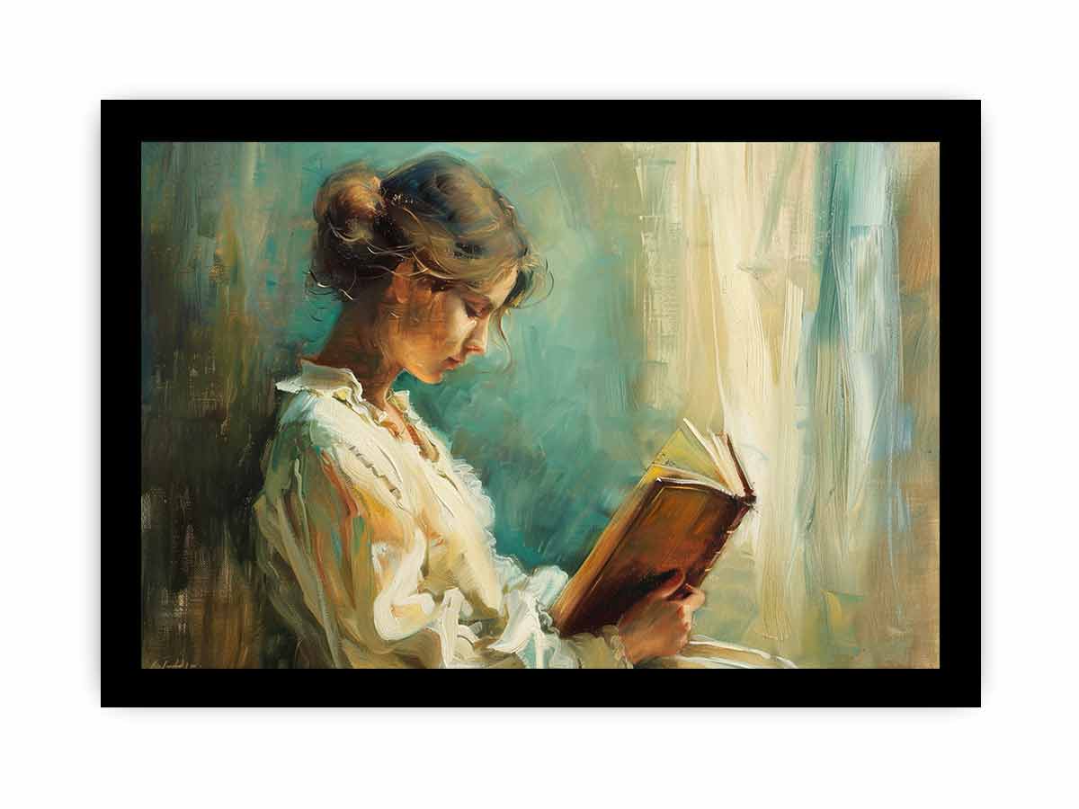 Woman reading canvas art for elegant bedroom or reading nook decor.