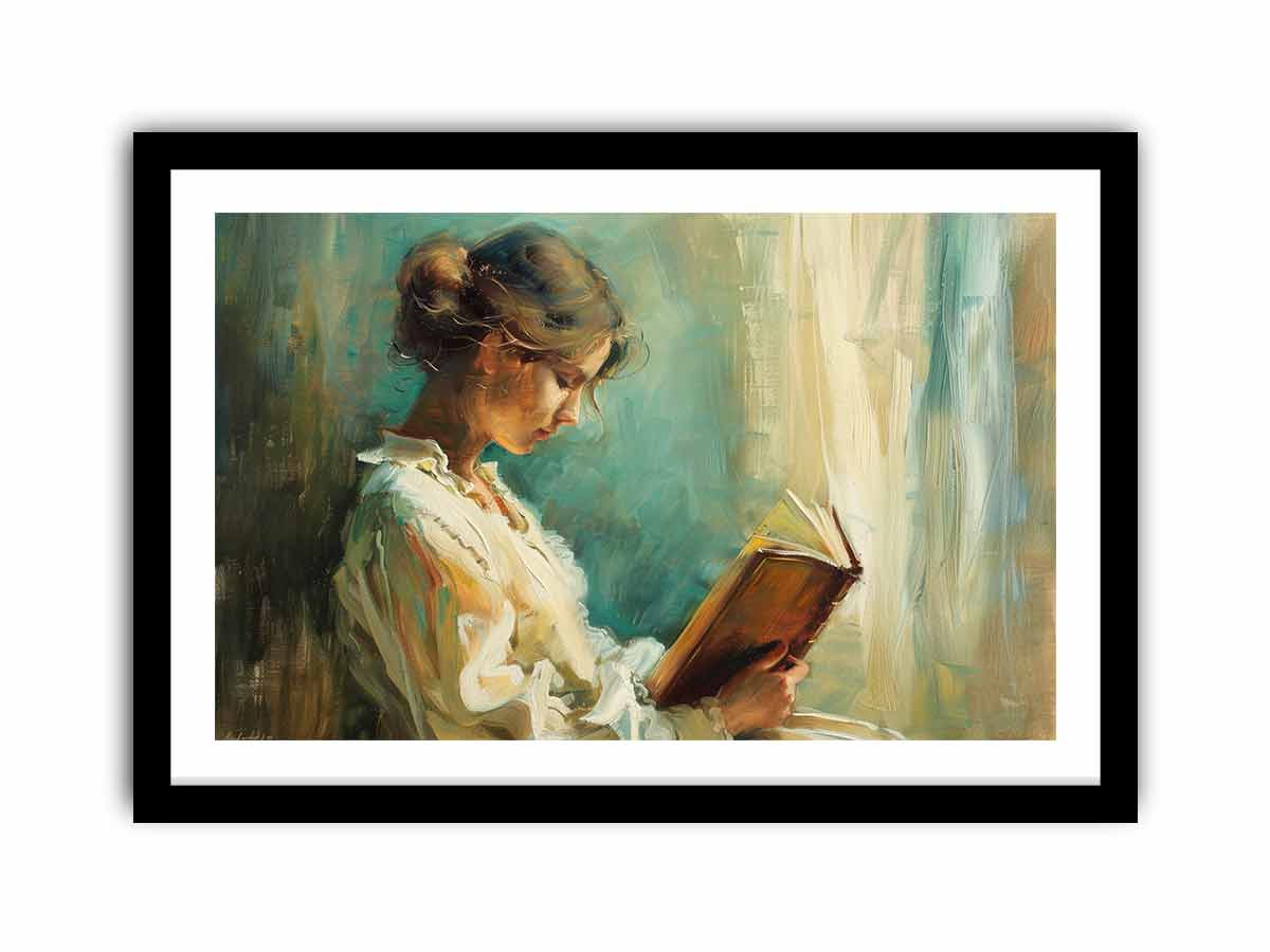 Woman reading canvas art for elegant bedroom or reading nook decor.