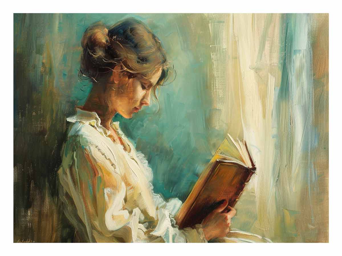 Woman reading canvas art for elegant bedroom or reading nook decor.