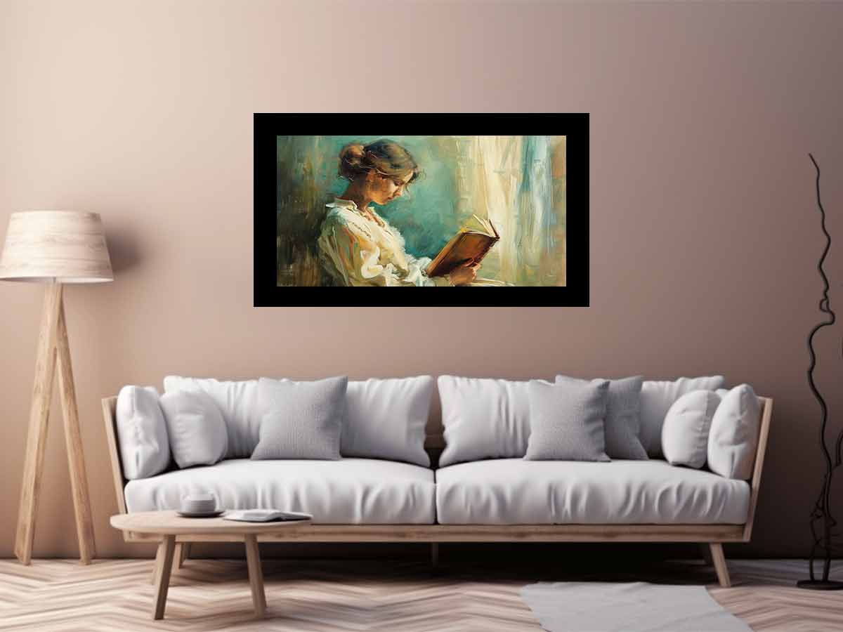 Woman reading canvas art for elegant bedroom or reading nook decor.