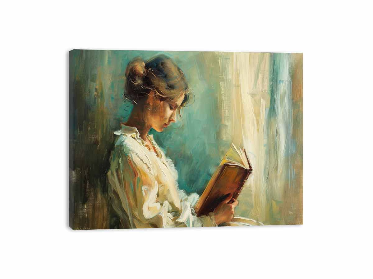 Woman reading canvas art for elegant bedroom or reading nook decor.