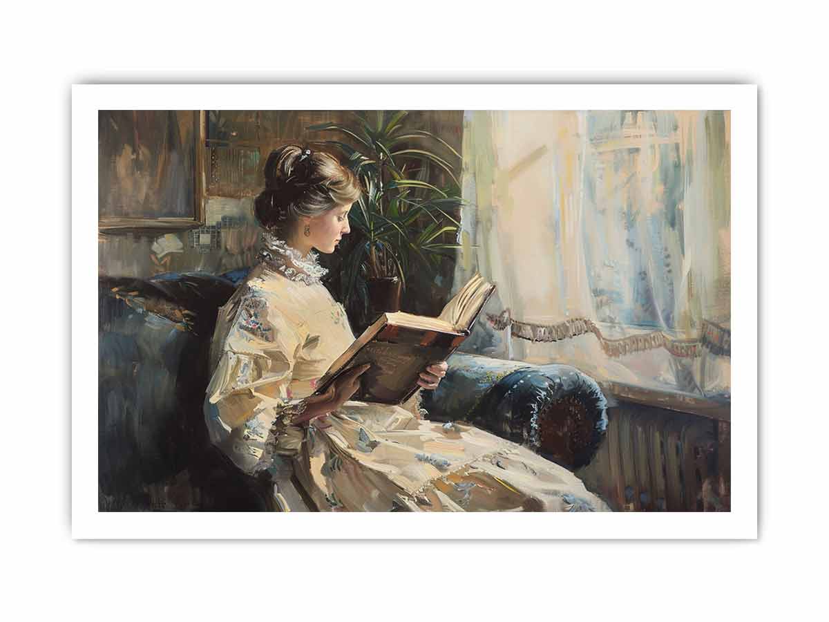 Elegant woman reading canvas art for classic bedroom or reading nook decor.