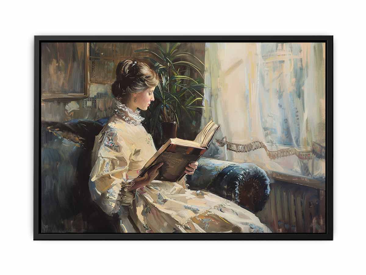 Elegant woman reading canvas art for classic bedroom or reading nook decor.