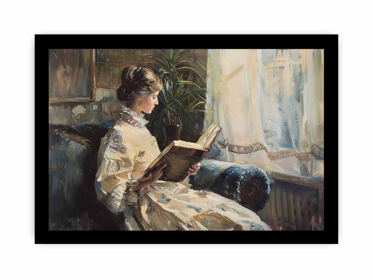 Elegant woman reading canvas art for classic bedroom or reading nook decor.