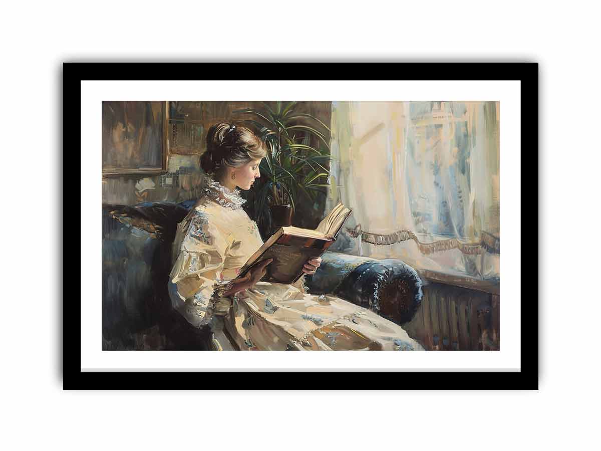 Elegant woman reading canvas art for classic bedroom or reading nook decor.