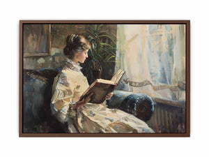 Elegant woman reading canvas art for classic bedroom or reading nook decor.