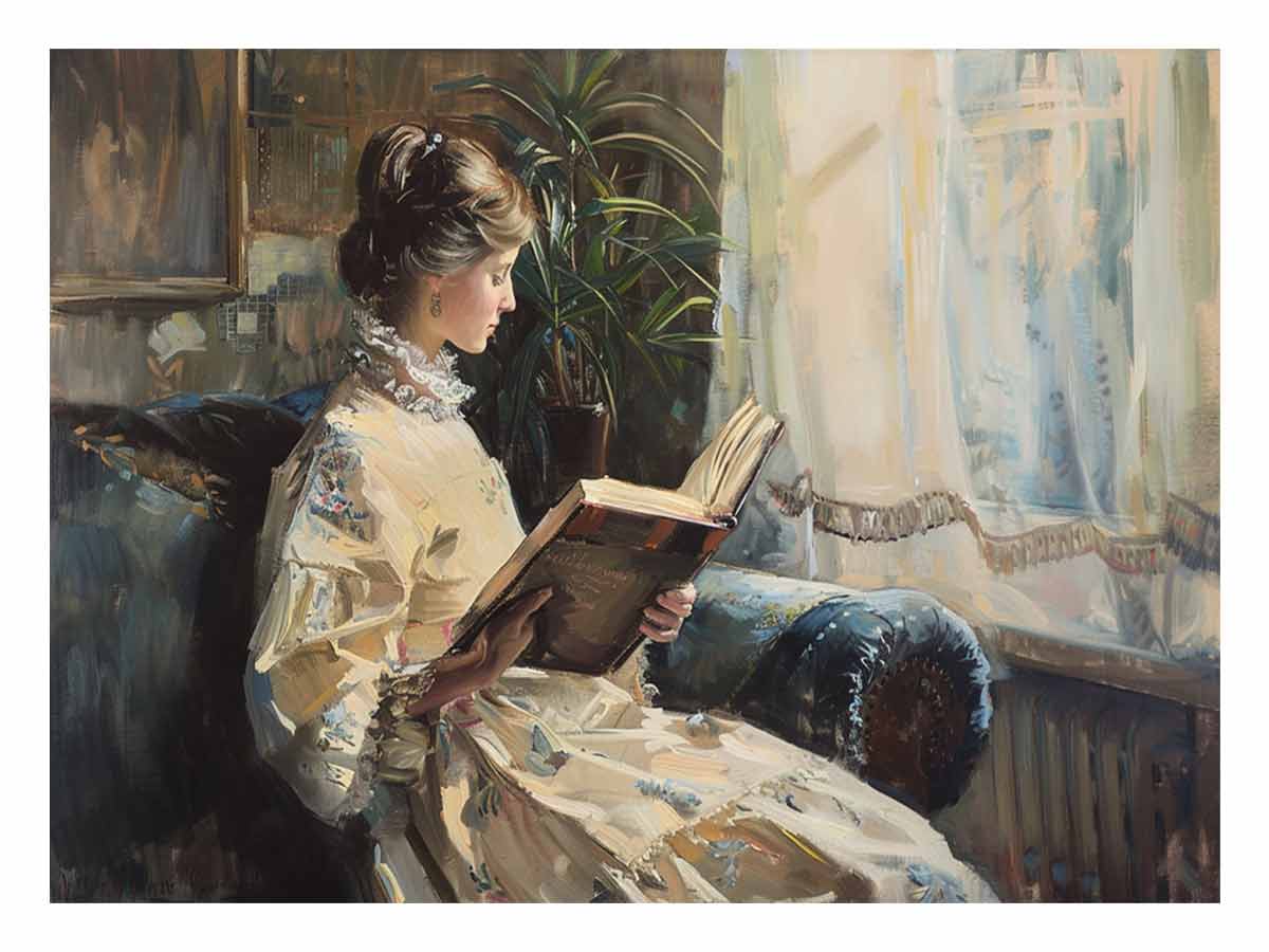 Elegant woman reading canvas art for classic bedroom or reading nook decor.