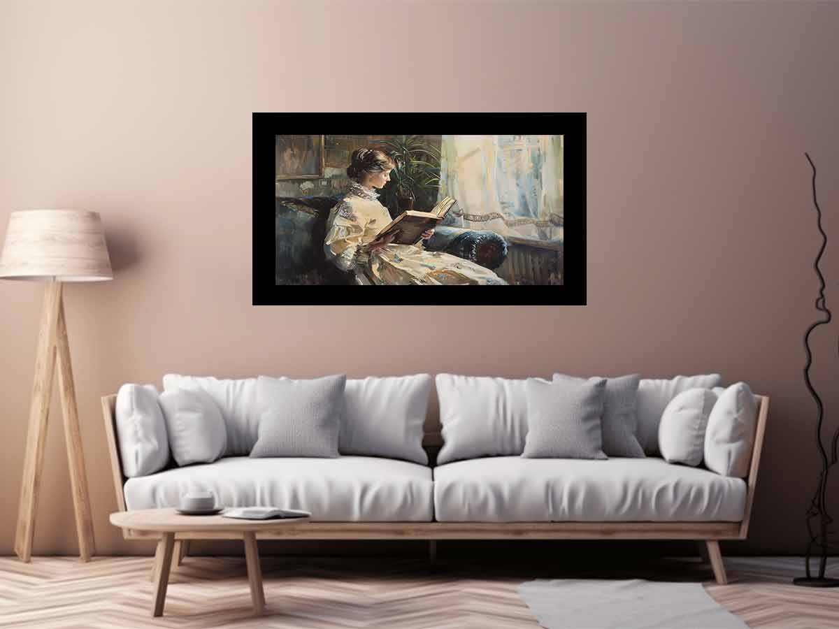 Elegant woman reading canvas art for classic bedroom or reading nook decor.