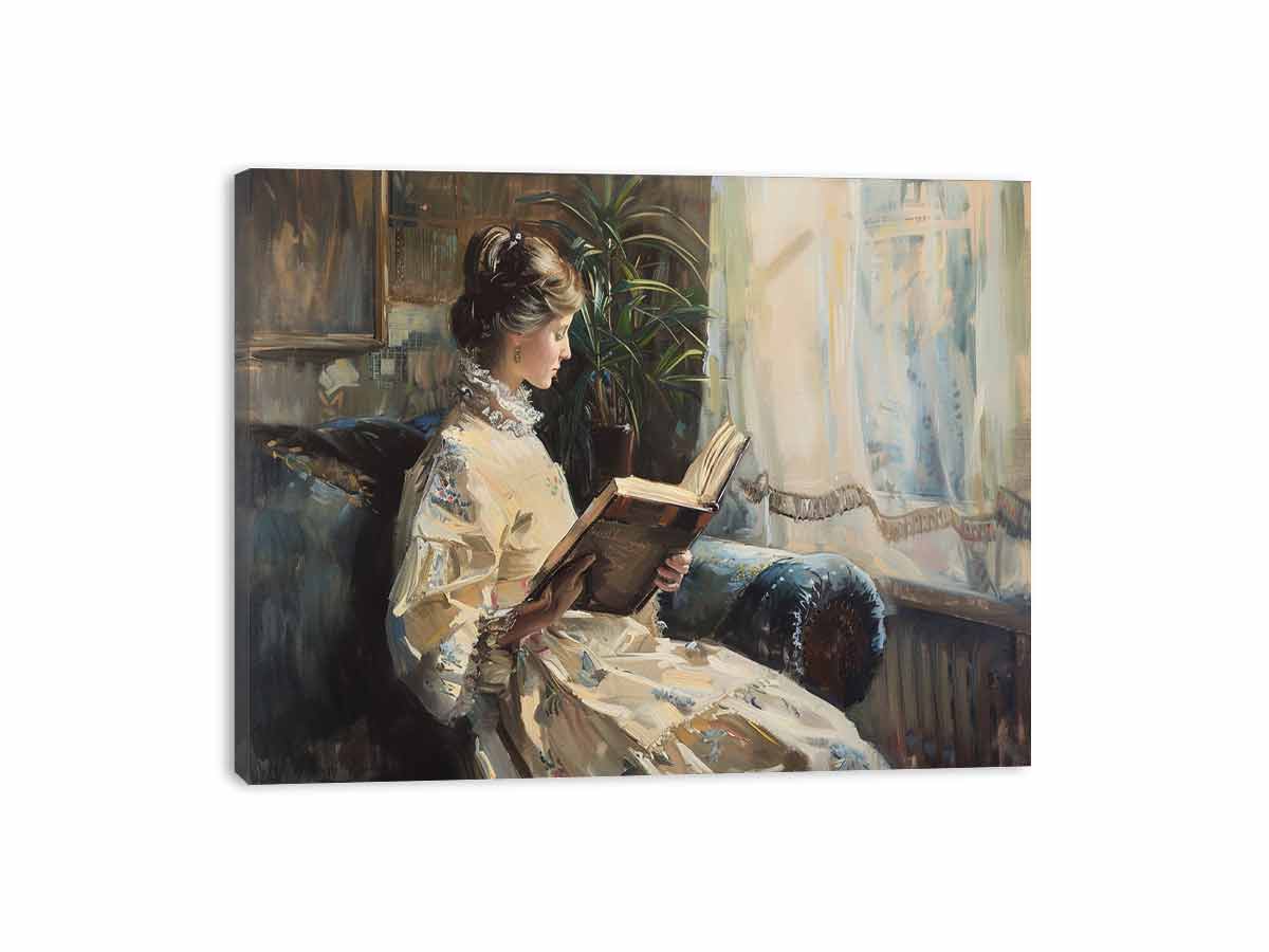 Elegant woman reading canvas art for classic bedroom or reading nook decor.