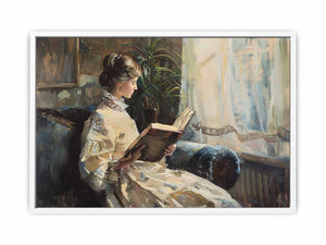 Elegant woman reading canvas art for classic bedroom or reading nook decor.