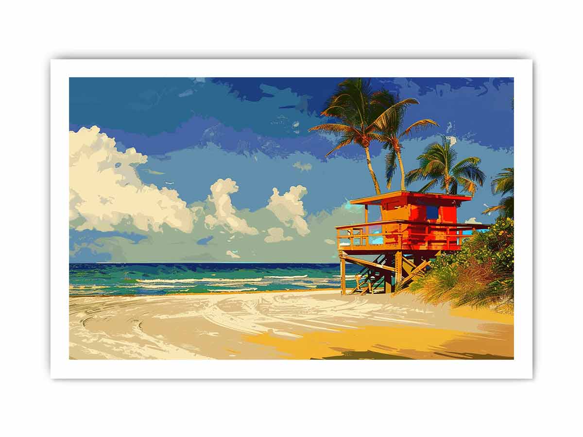 Bright tropical lifeguard tower canvas art for coastal living room decor.
