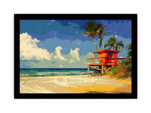 Bright tropical lifeguard tower canvas art for coastal living room decor.