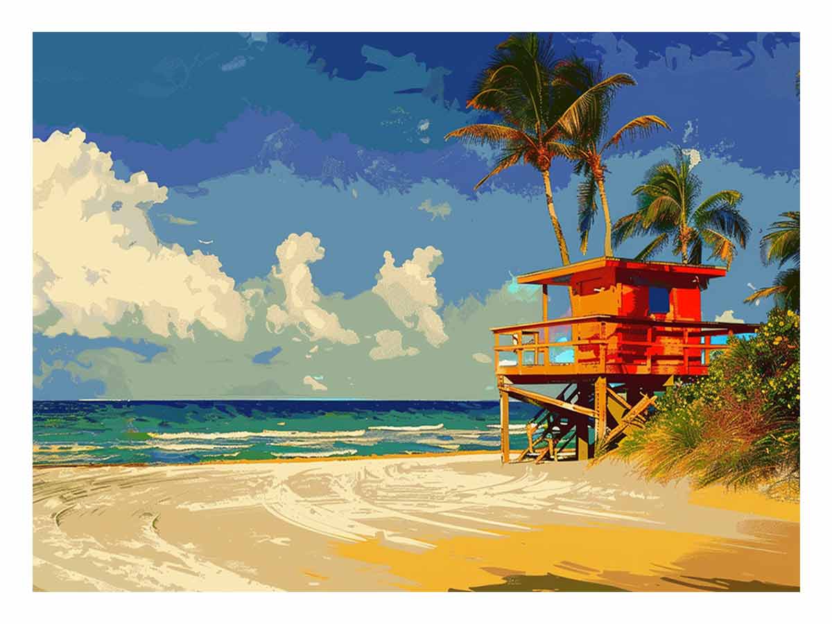 Bright tropical lifeguard tower canvas art for coastal living room decor.
