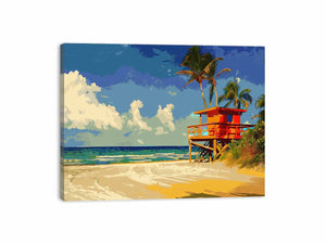 Bright tropical lifeguard tower canvas art for coastal living room decor.