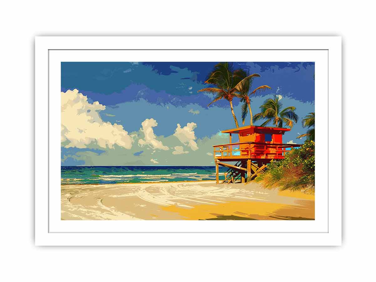 Bright tropical lifeguard tower canvas art for coastal living room decor.