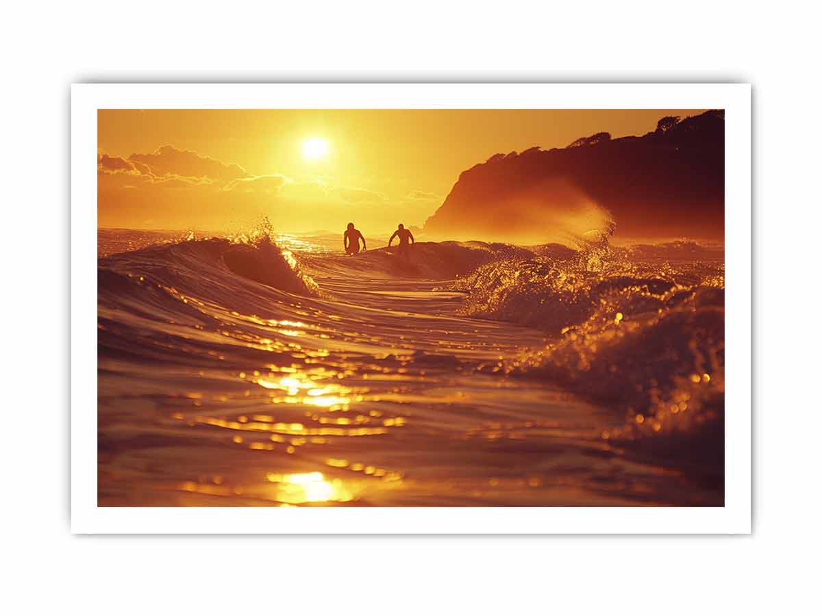 Golden surfer wave canvas art for modern coastal living room decor.