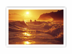 Golden surfer wave canvas art for modern coastal living room decor.