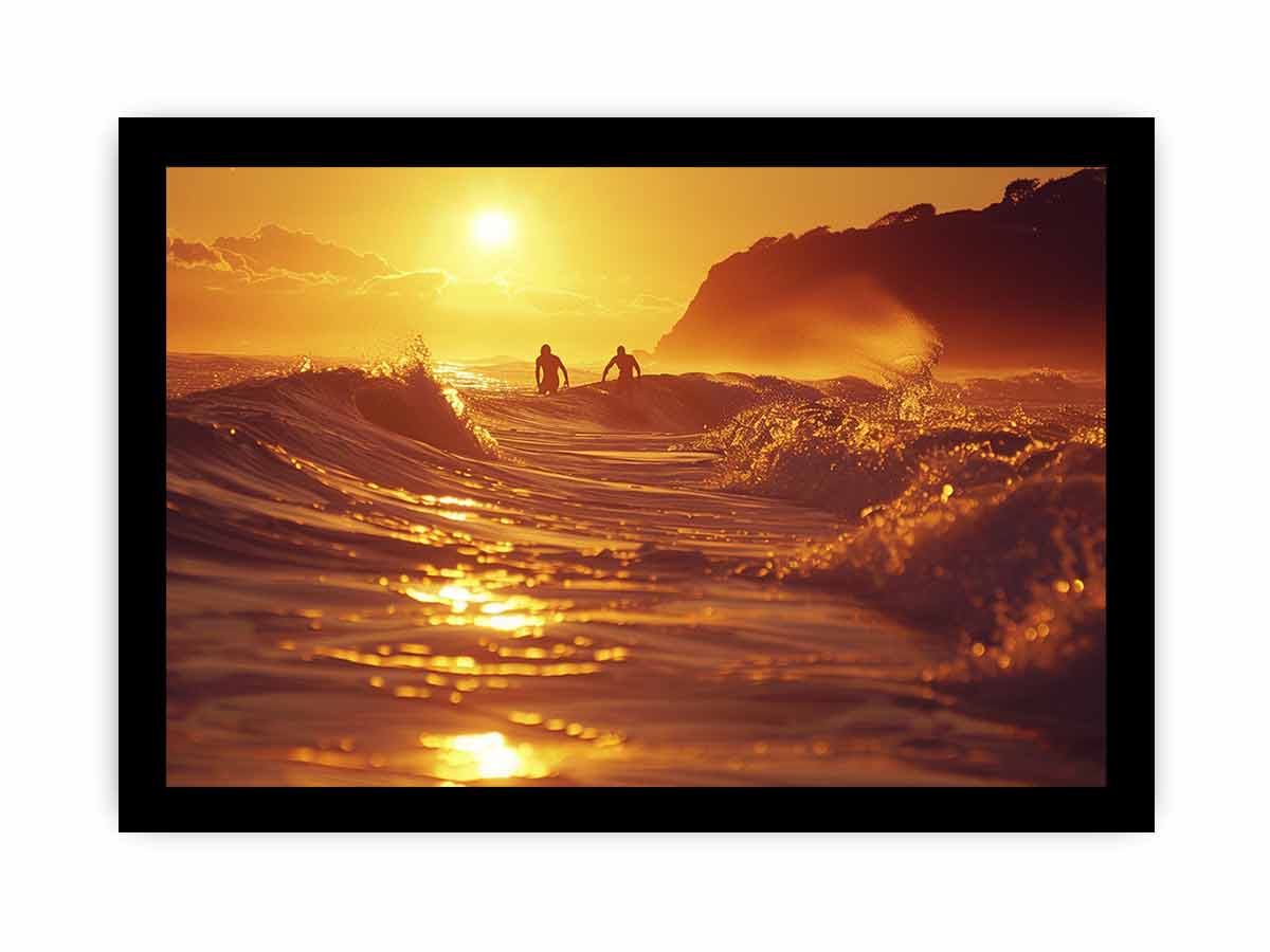 Golden surfer wave canvas art for modern coastal living room decor.
