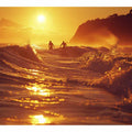 Golden surfer wave canvas art for modern coastal living room decor.