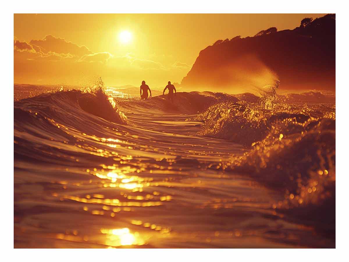 Golden surfer wave canvas art for modern coastal living room decor.