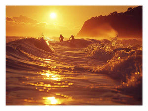 Golden surfer wave canvas art for modern coastal living room decor.