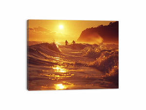 Golden surfer wave canvas art for modern coastal living room decor.