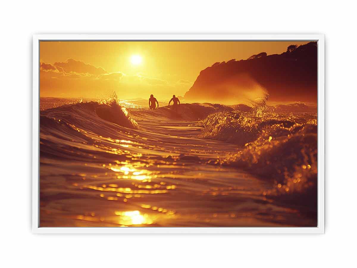 Golden surfer wave canvas art for modern coastal living room decor.