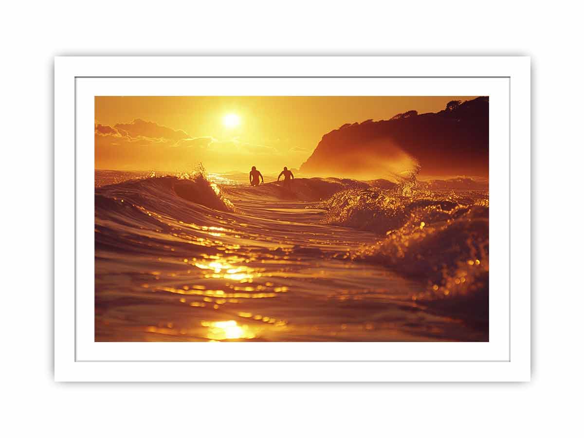 Golden surfer wave canvas art for modern coastal living room decor.