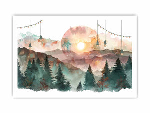 Dreamy watercolor mountain forest canvas art for cozy bedroom decor.