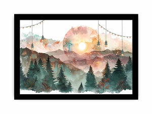 Dreamy watercolor mountain forest canvas art for cozy bedroom decor.