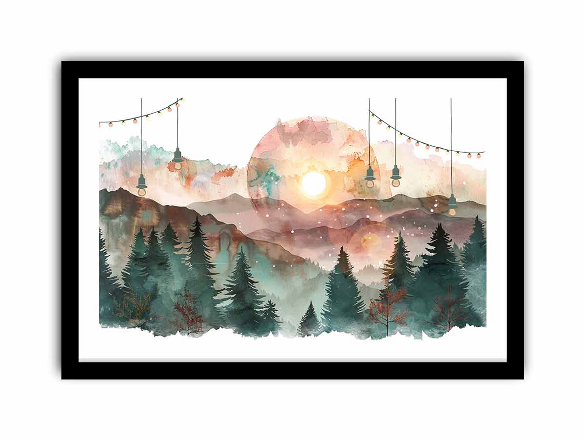 Dreamy watercolor mountain forest canvas art for cozy bedroom decor.