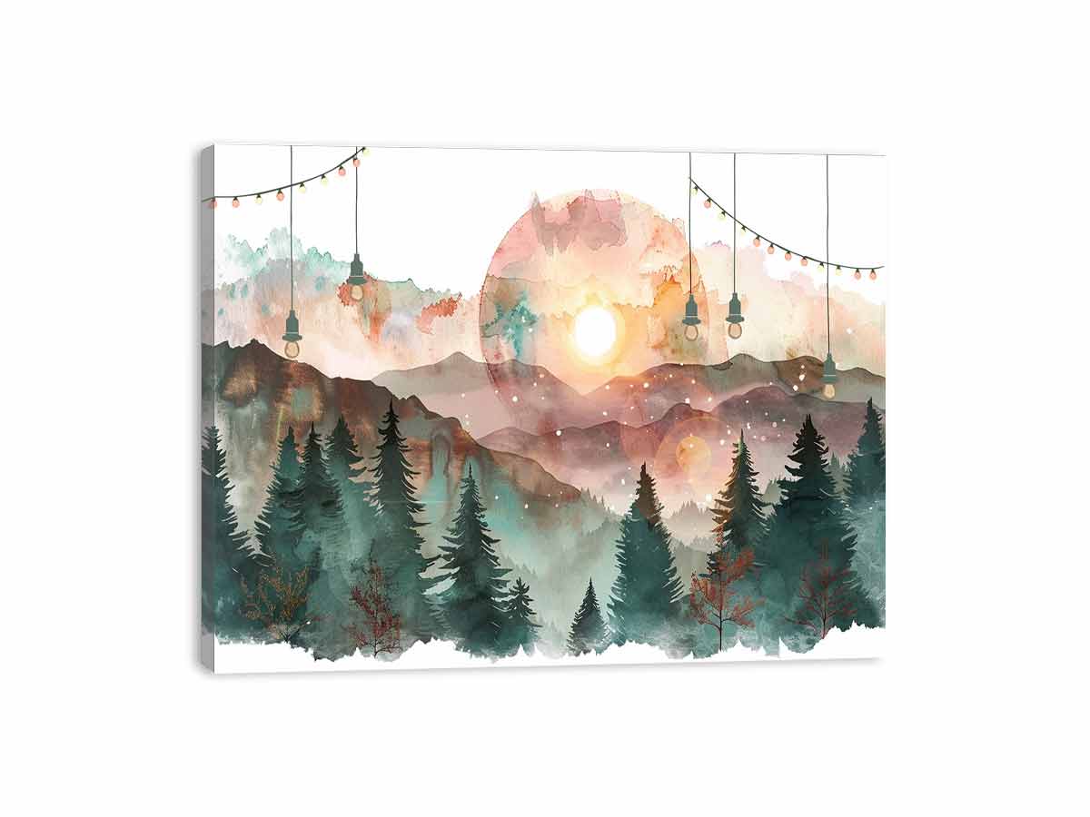 Dreamy watercolor mountain forest canvas art for cozy bedroom decor.