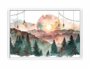Dreamy watercolor mountain forest canvas art for cozy bedroom decor.