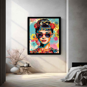 Retro pop art woman with sunglasses canvas for stylish bedroom decor.