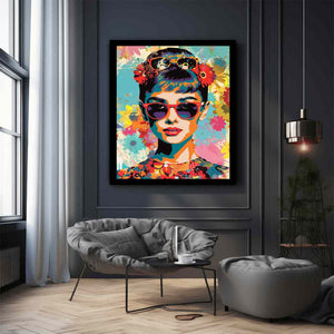 Retro pop art woman with sunglasses canvas for stylish bedroom decor.