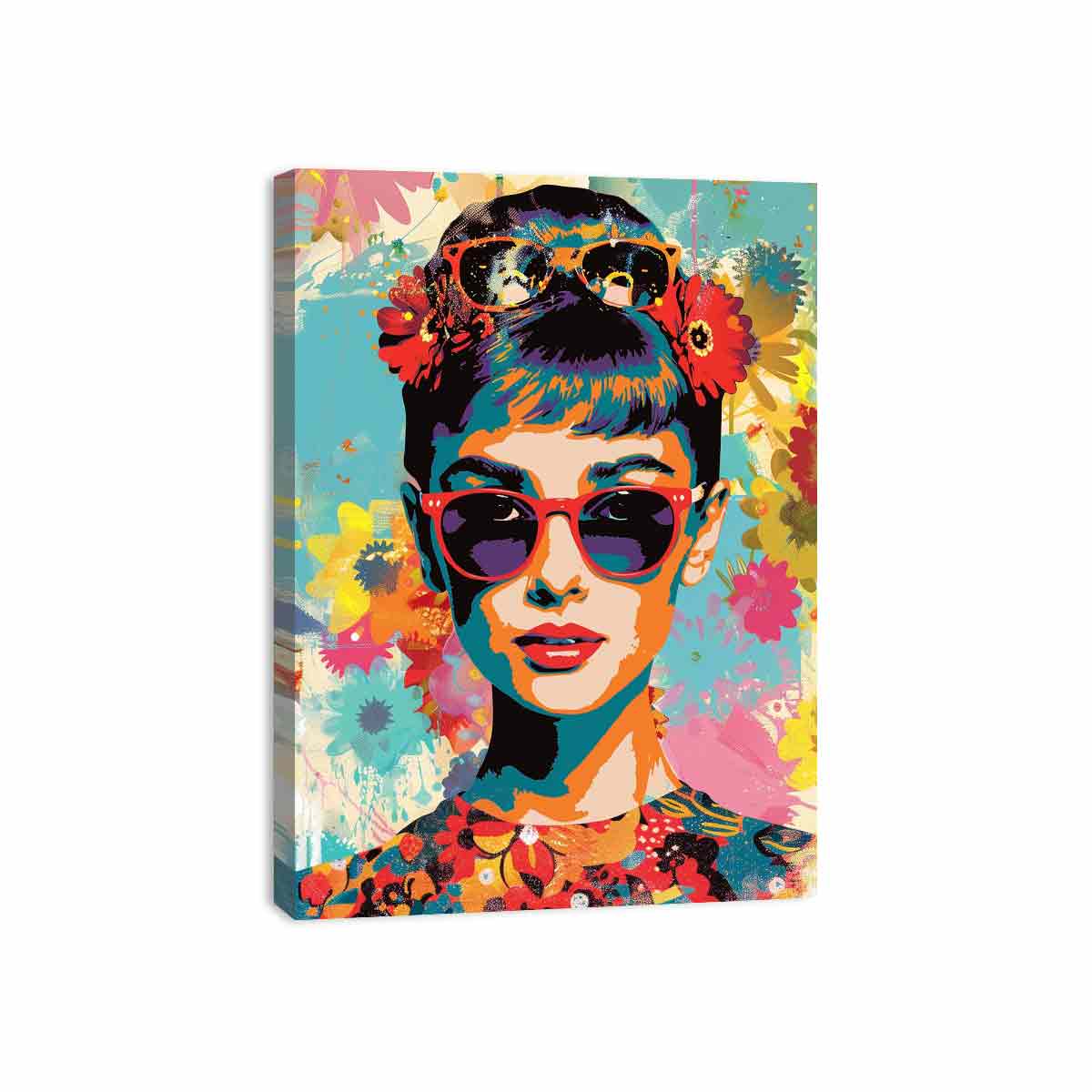 Retro pop art woman with sunglasses canvas for stylish bedroom decor.
