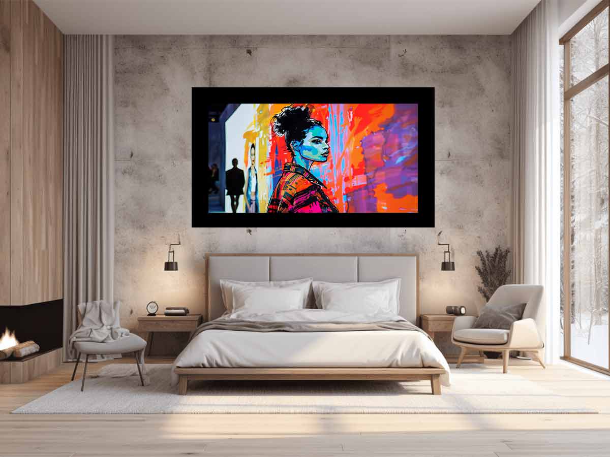 Neon fashion portrait canvas art for modern loft or office decor.
