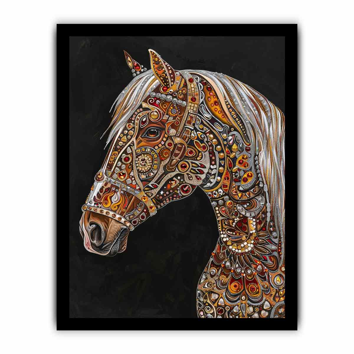 Jeweled white horse portrait canvas art for luxury equestrian decor.