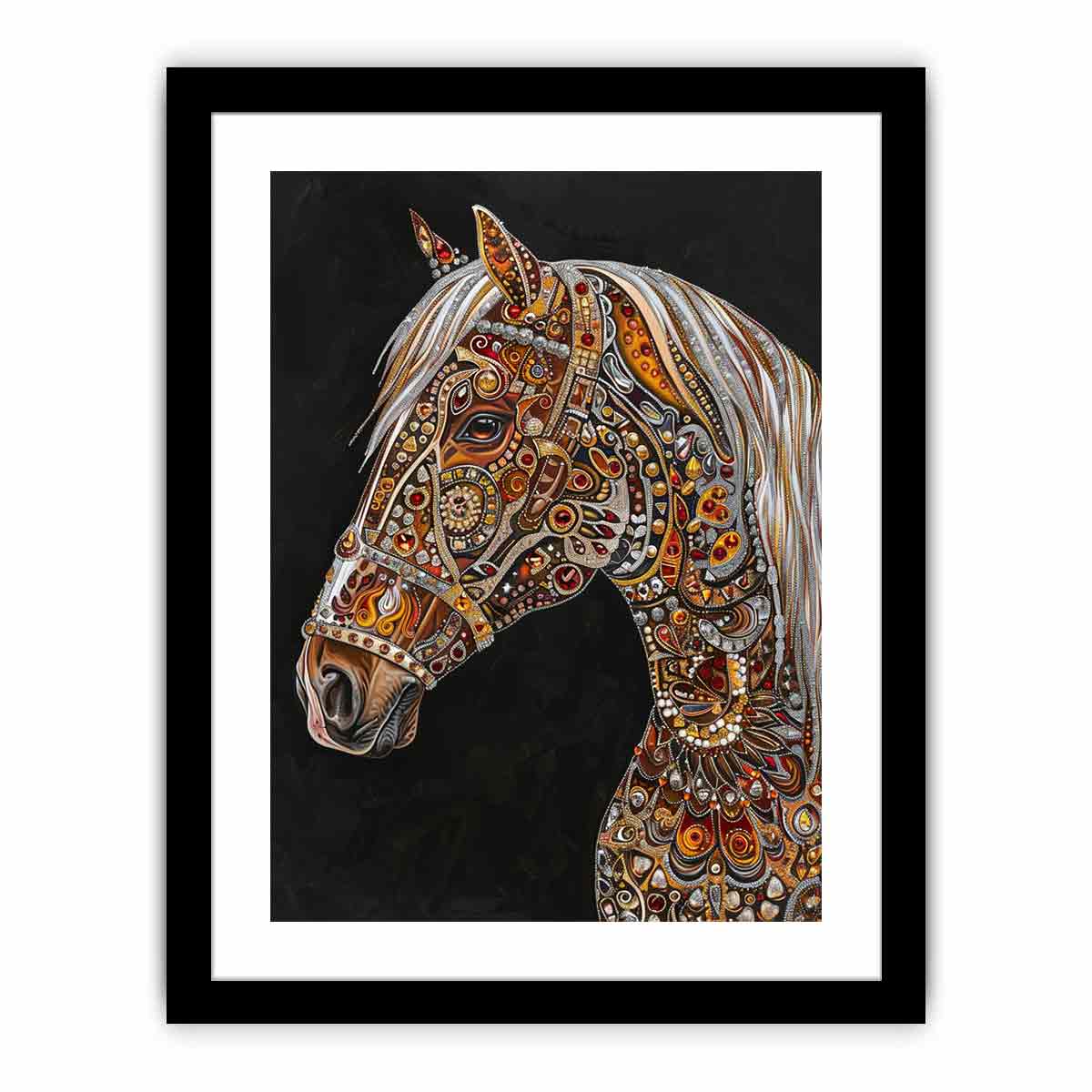 Jeweled white horse portrait canvas art for luxury equestrian decor.