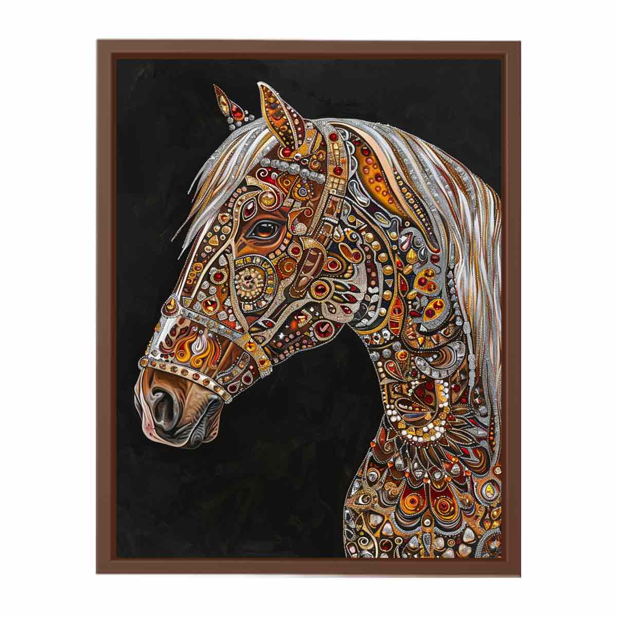 Jeweled white horse portrait canvas art for luxury equestrian decor.