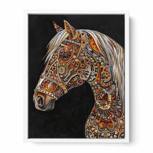 Jeweled white horse portrait canvas art for luxury equestrian decor.