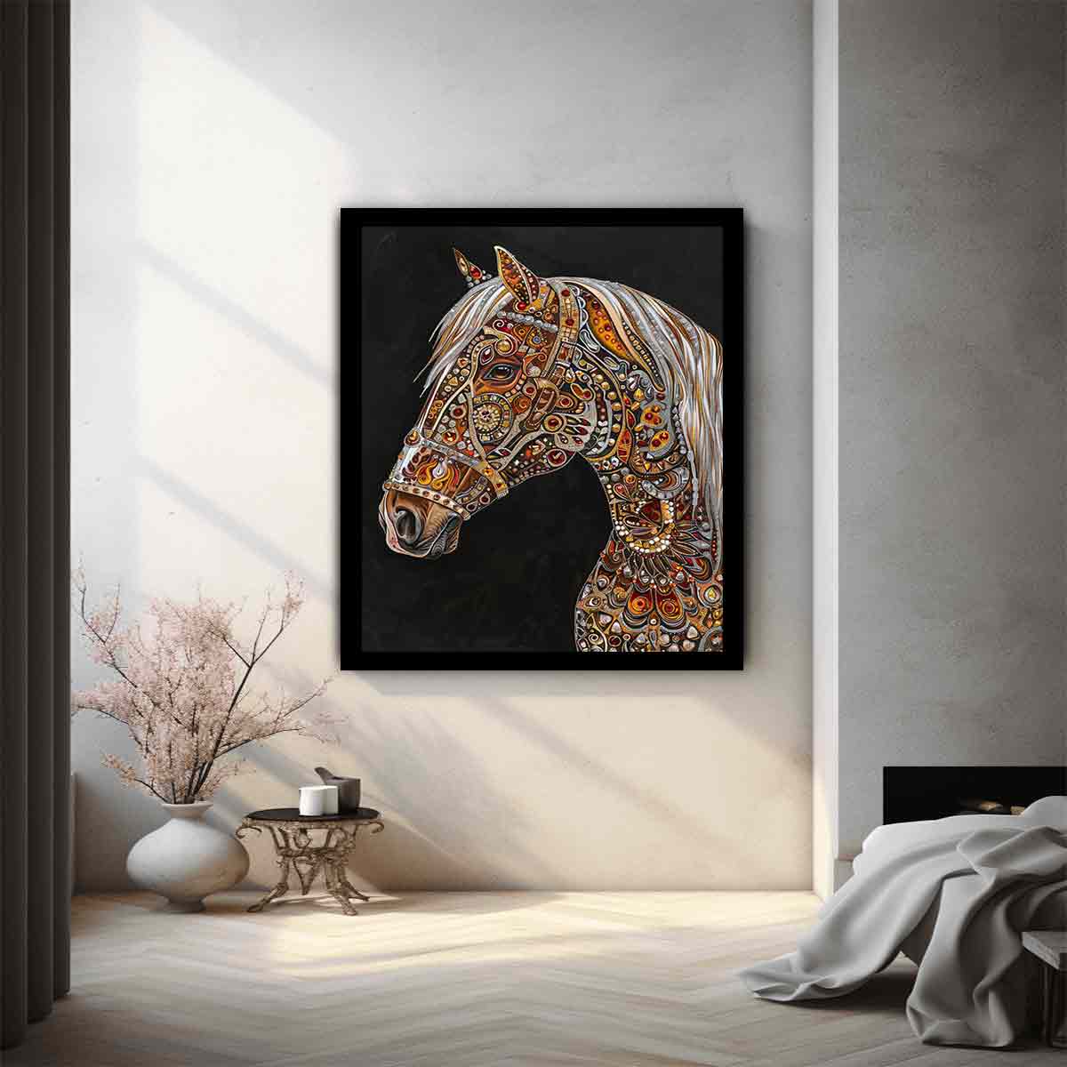 Jeweled white horse portrait canvas art for luxury equestrian decor.