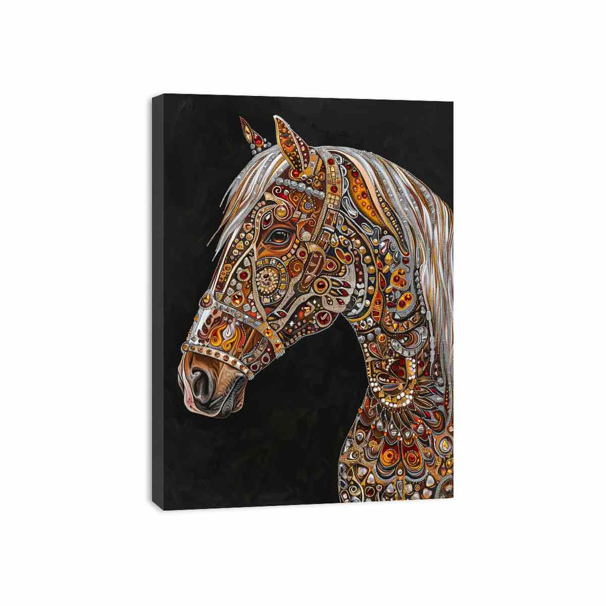 Jeweled white horse portrait canvas art for luxury equestrian decor.