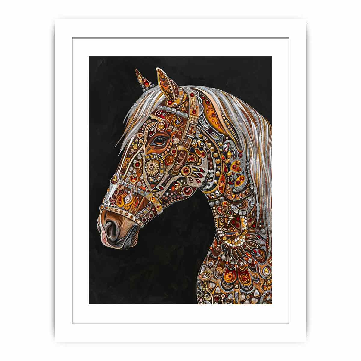 Jeweled white horse portrait canvas art for luxury equestrian decor.
