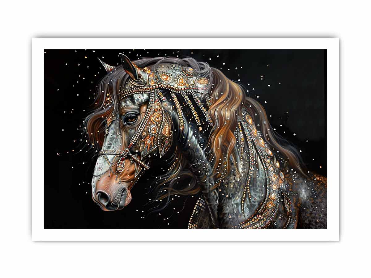 Dark jeweled horse canvas art for luxury equestrian living room decor.