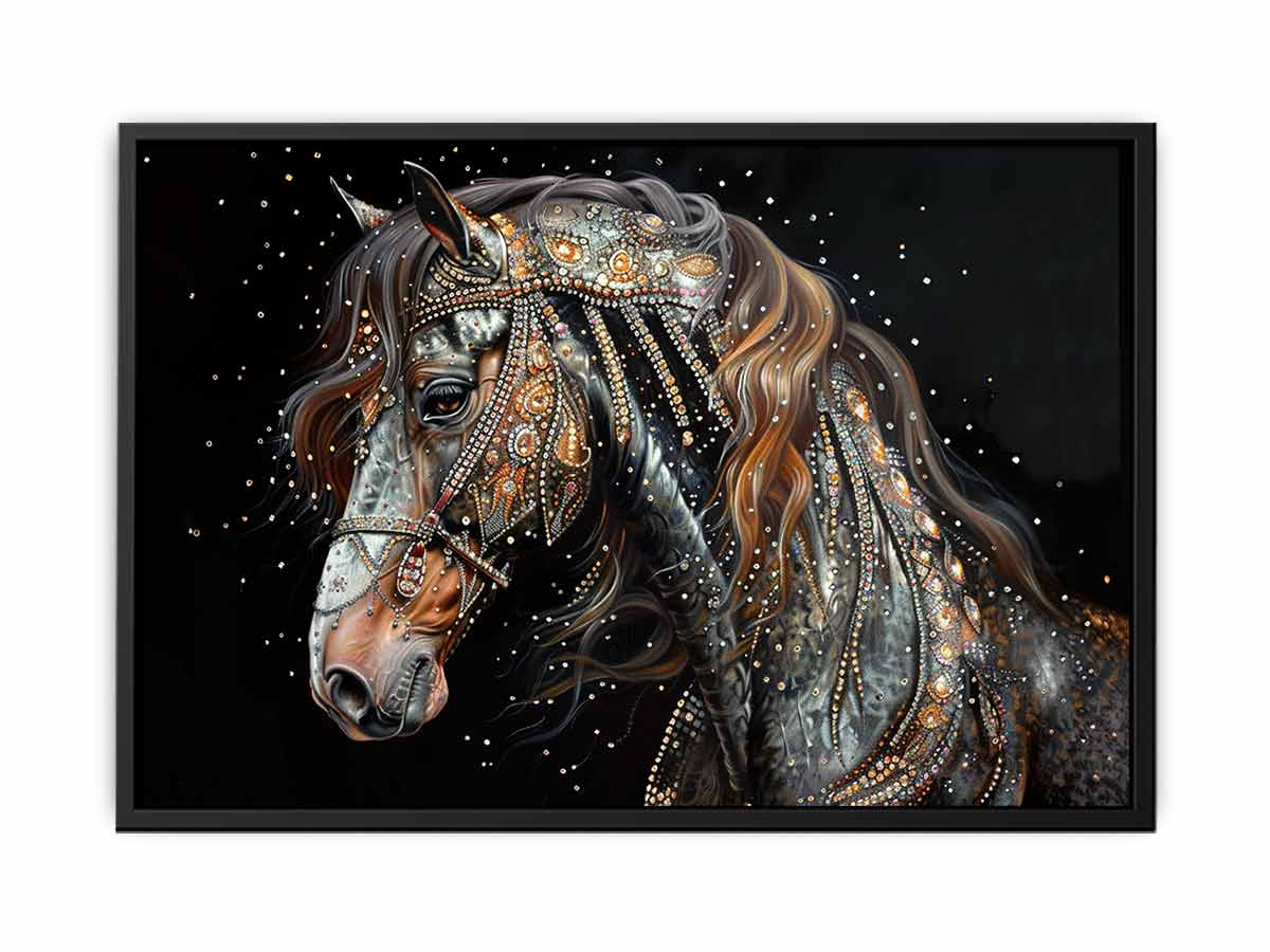 Dark jeweled horse canvas art for luxury equestrian living room decor.