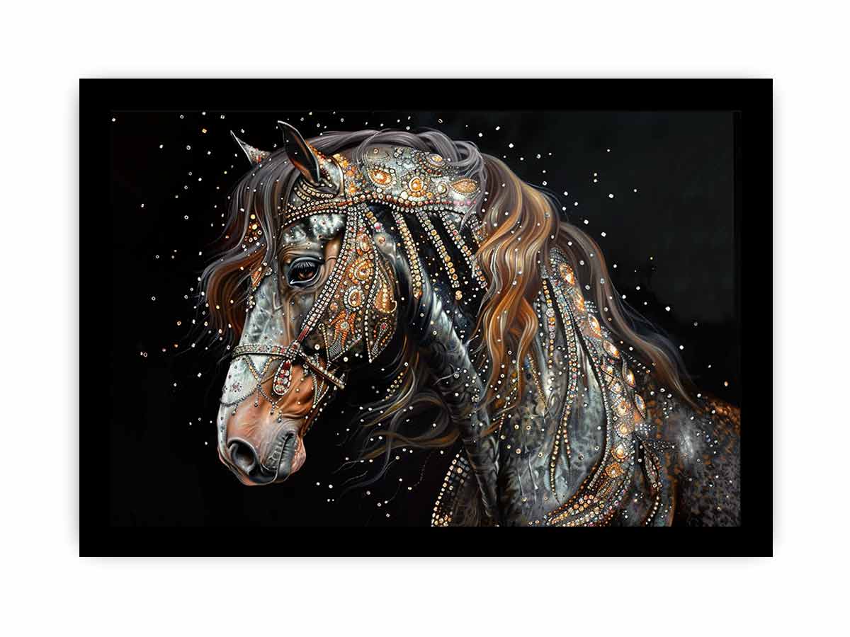 Dark jeweled horse canvas art for luxury equestrian living room decor.